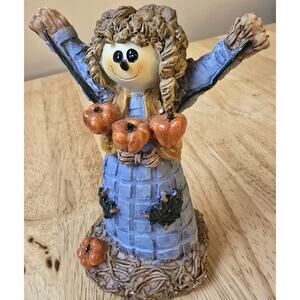 K'S Collection Halloween Resin Scarecrow Figurine Girl 5.5” Blue Dress Pumpkin